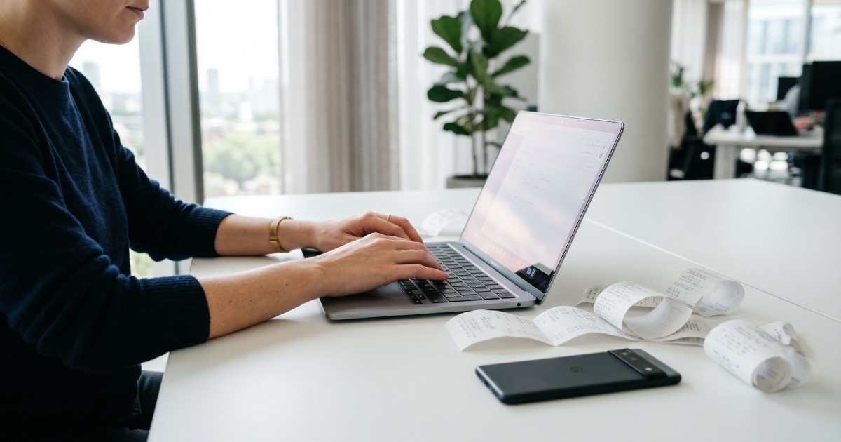 Person using a laptop to manage PayPal transfers with receipts spread across a white desk