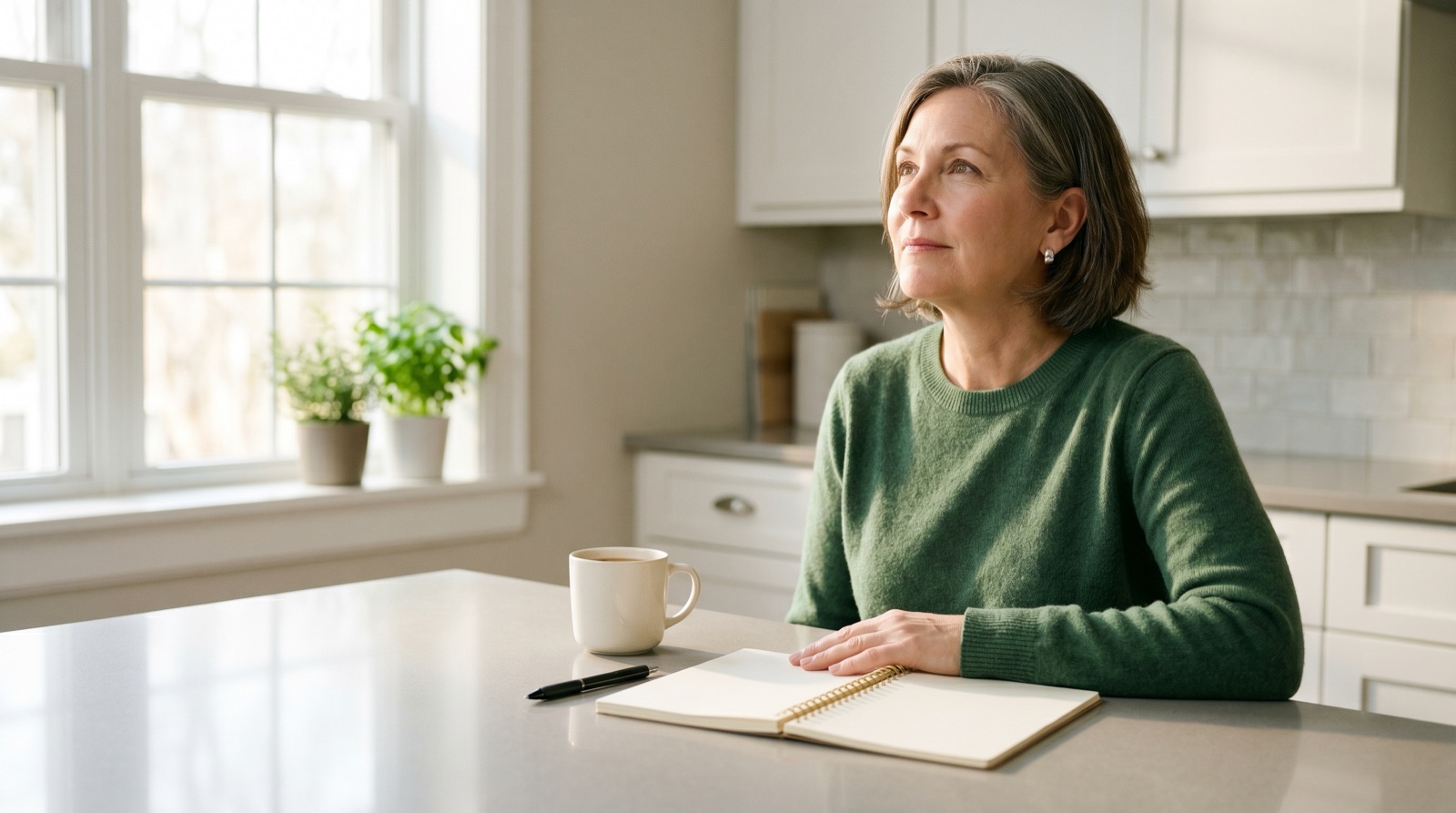 Person sitting at a bright kitchen table with a fresh open notebook and coffee, morning light streaming in