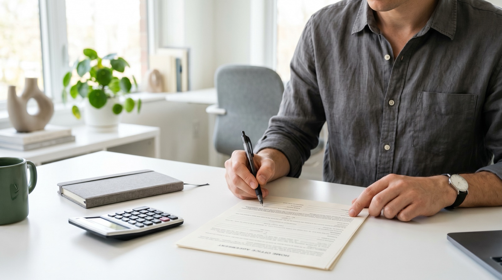 Freelancer reviewing a home office lease agreement at a white desk with a calculator and notebook