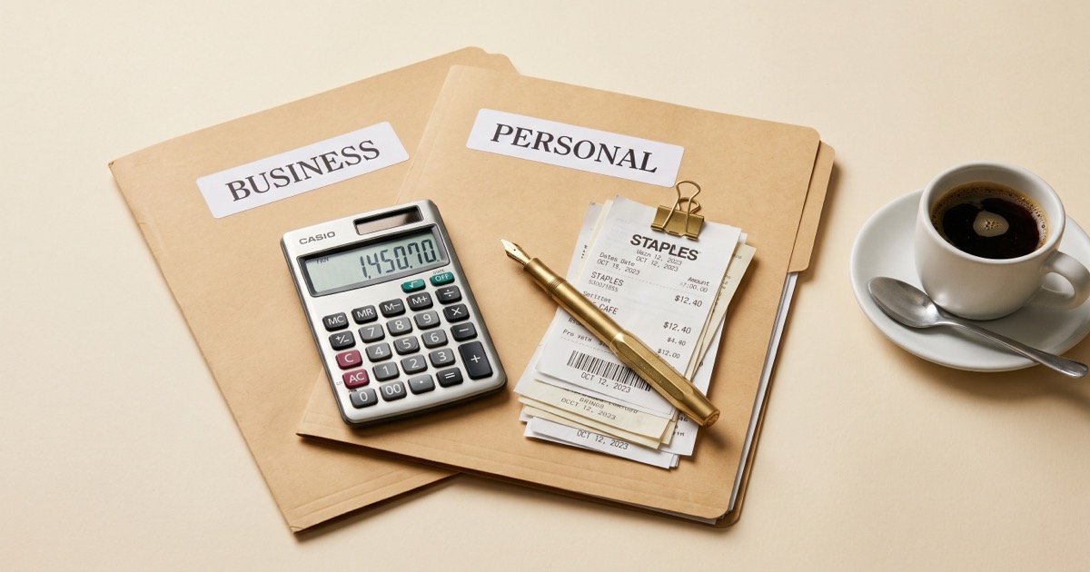 Two labeled envelopes marked Personal and Business beside a calculator, pen, and organized receipts on a warm white seamless backdrop