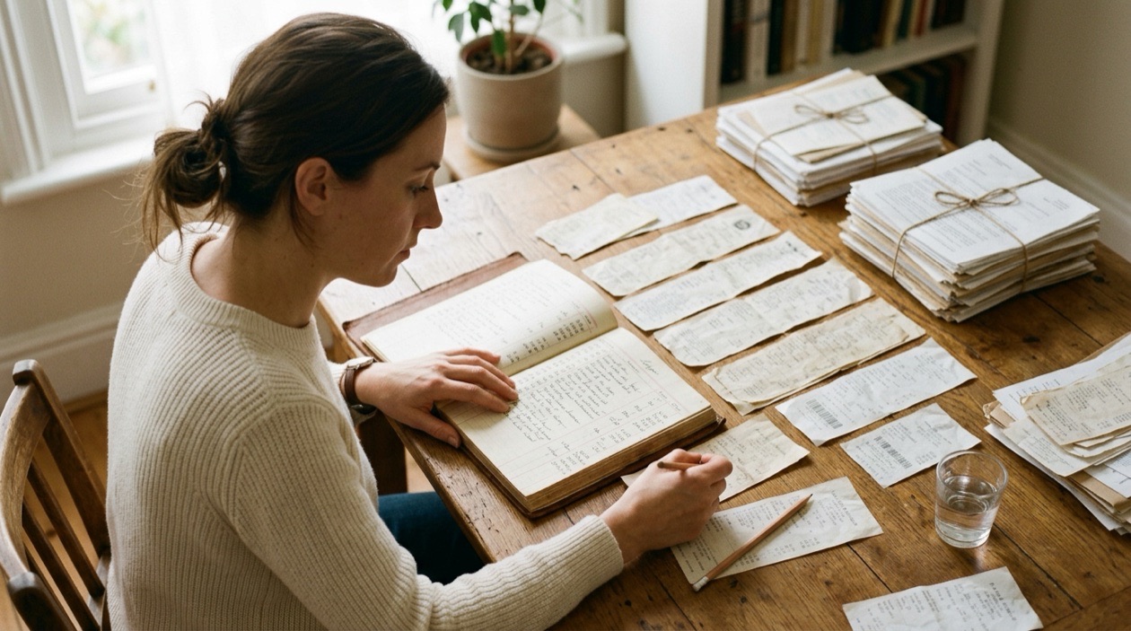 Small business owner reviewing bookkeeping records and receipts at a modern home office desk