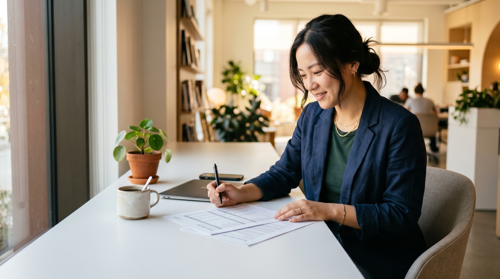 Small business owner reviewing an expense report at a bright modern desk with a coffee cup and plant