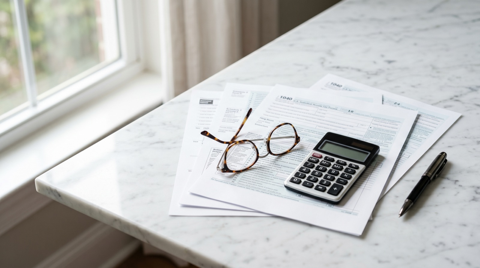 Blank tax forms and a pen on a white marble desk surface with a calculator and reading glasses