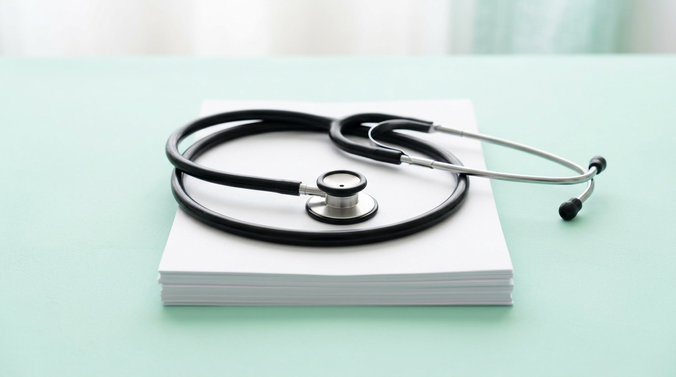 Stethoscope coiled around a stack of clean paper forms on a soft mint background