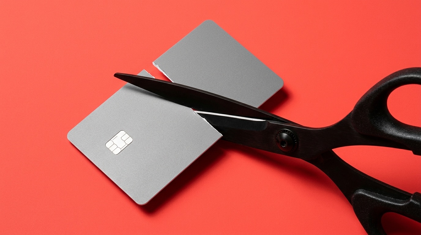 Plain generic credit card cut cleanly in half with black scissors on a bright coral-red background