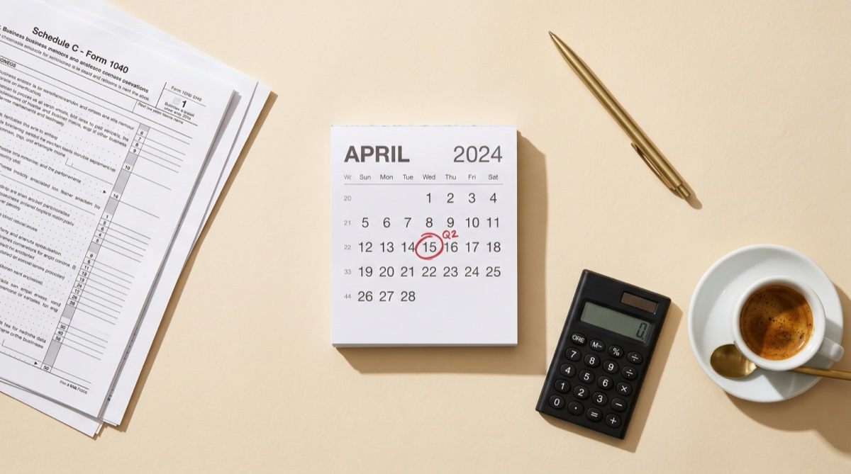 A Schedule C tax form, a desk calendar with the 15th circled in red, a black calculator, an espresso, and a brass pen on a cream seamless backdrop