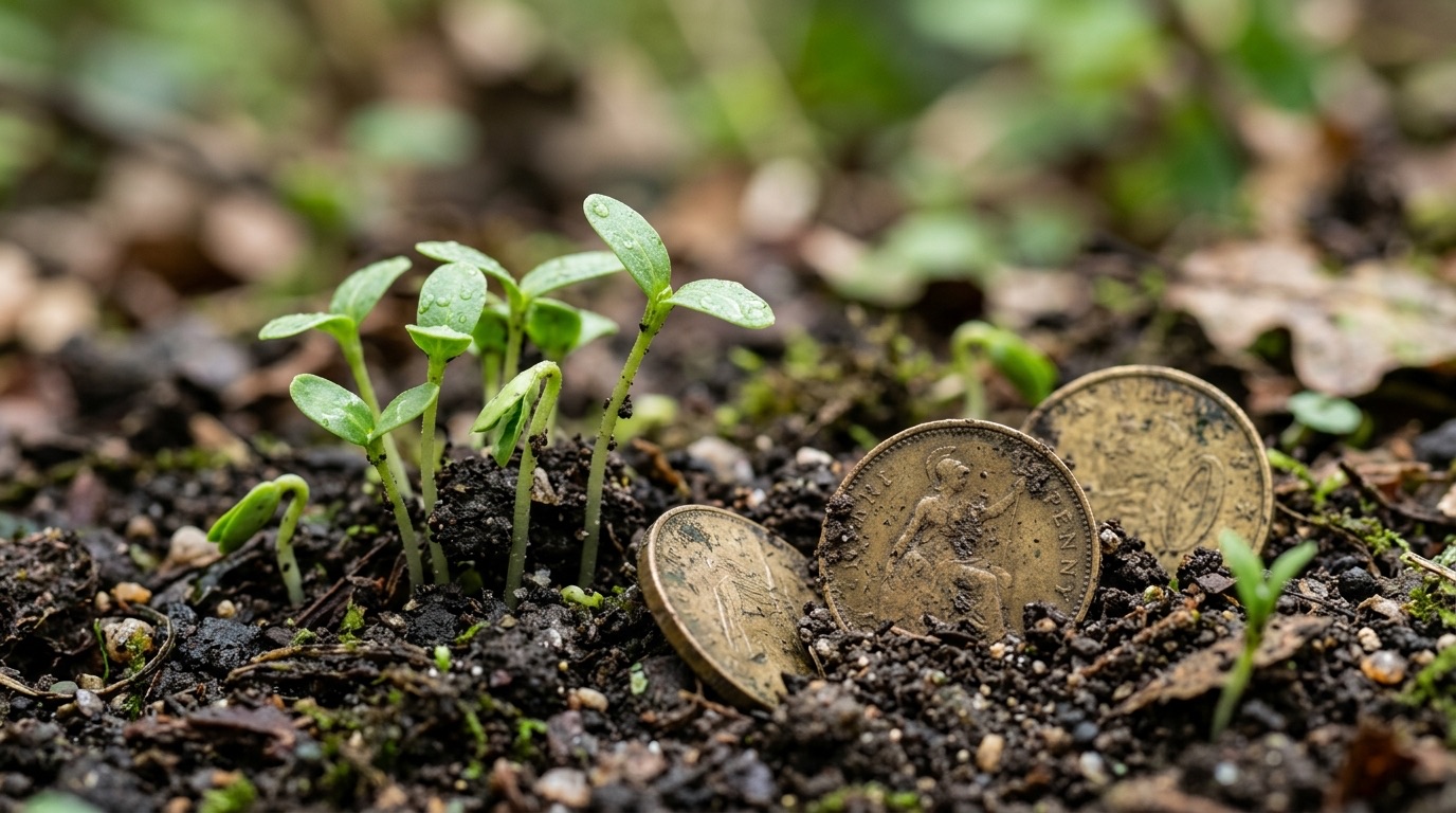 Small green sprouts emerging from dark soil next to partially buried brass coins in soft diffused light