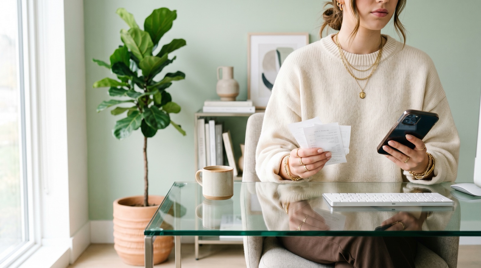 Young person in a cream sweater holding a smartphone and receipts at a glass desk with a fiddle-leaf plant