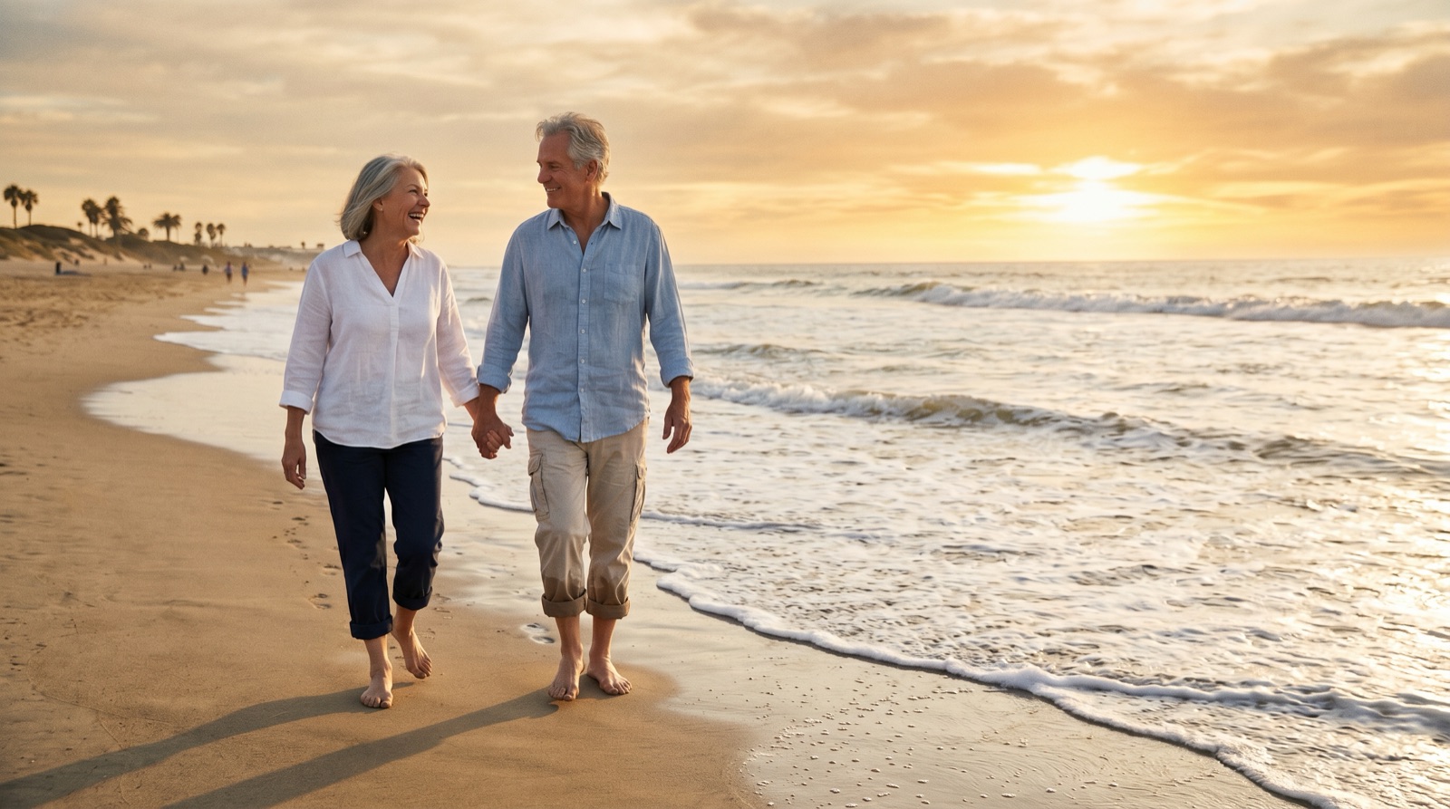 Older couple walking barefoot hand-in-hand along a sandy beach at golden hour