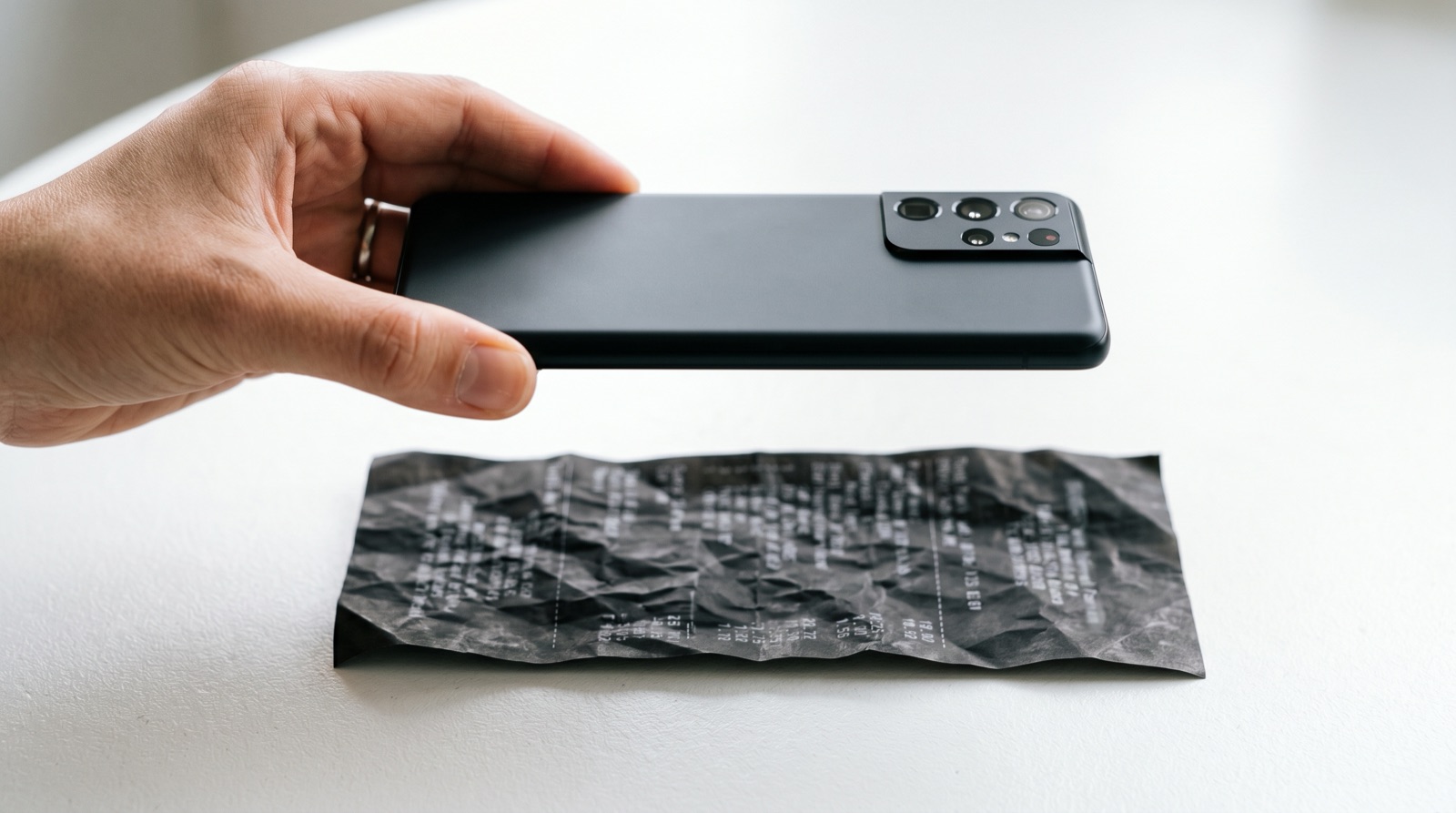 Hand holding a smartphone with camera pointed down over a thermal receipt on a white surface