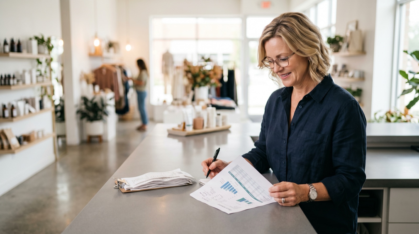 Small business owner at a retail counter reviewing a sales summary report with receipts
