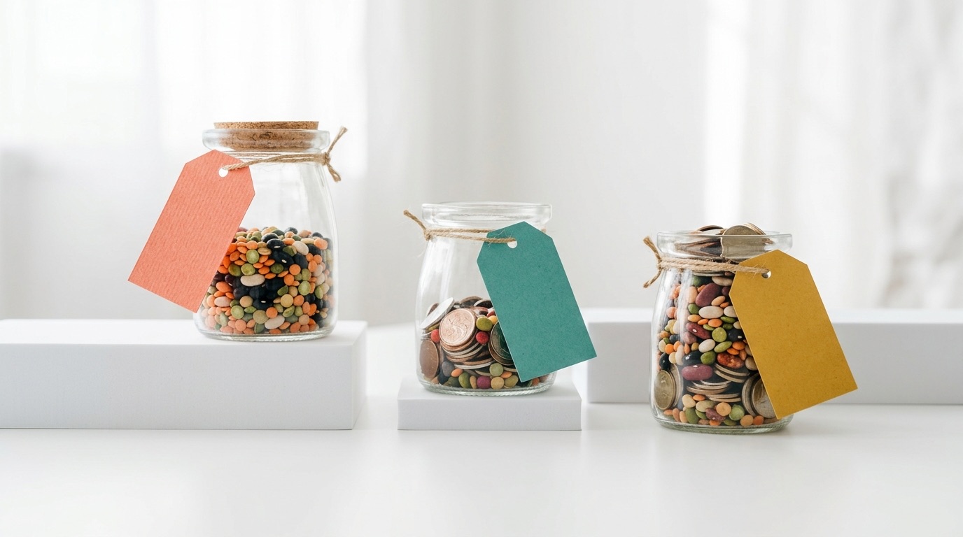 Three small jars with coral, teal, and mustard paper tags filled with colorful beans on a white surface