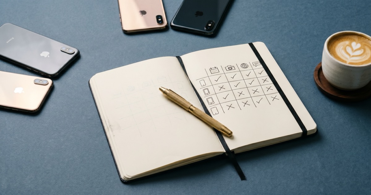 Four smartphones face-down on a slate blue surface beside an open notebook with a handwritten comparison chart, brass pen, and latte