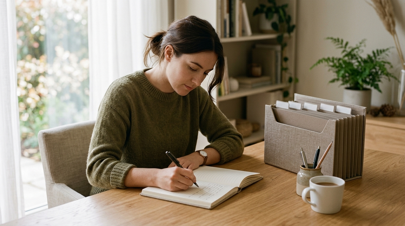 A person writing notes in a lined notebook at a wooden desk with a file organizer beside them and a coffee mug in soft window light