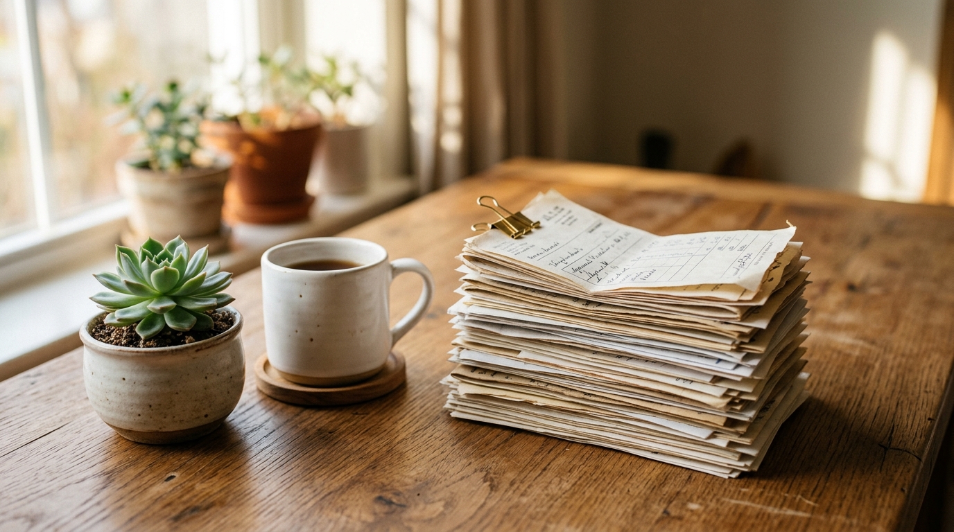 A neat stack of paper receipts held together with a binder clip on a warm wooden desk beside a white ceramic mug and small succulent plant
