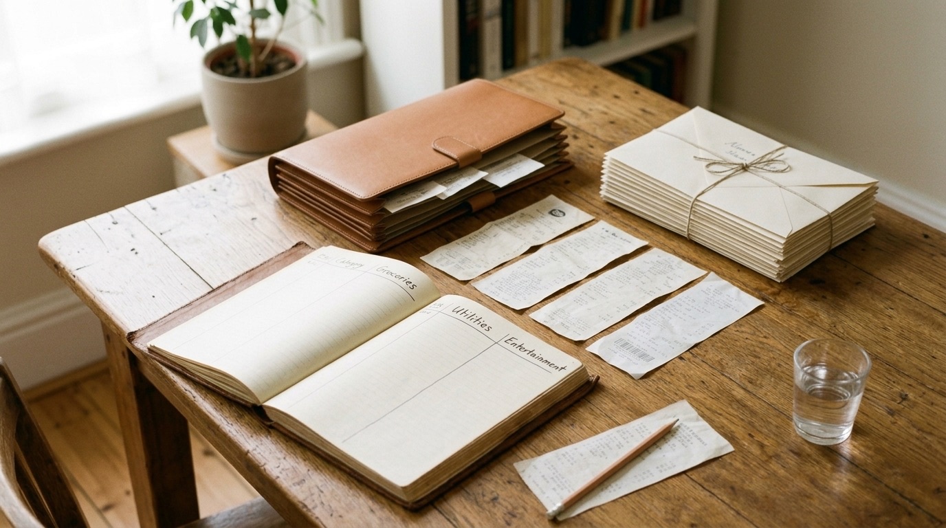 A neat accordion folder, paper envelopes, and receipts laid flat next to an open notebook on a warm wooden desk