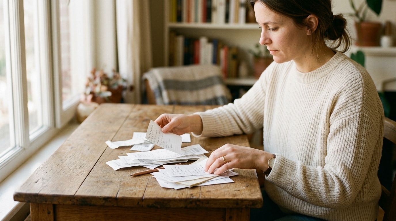 A person sorting through paper receipts and handwritten expense notes at a wooden desk in warm window light