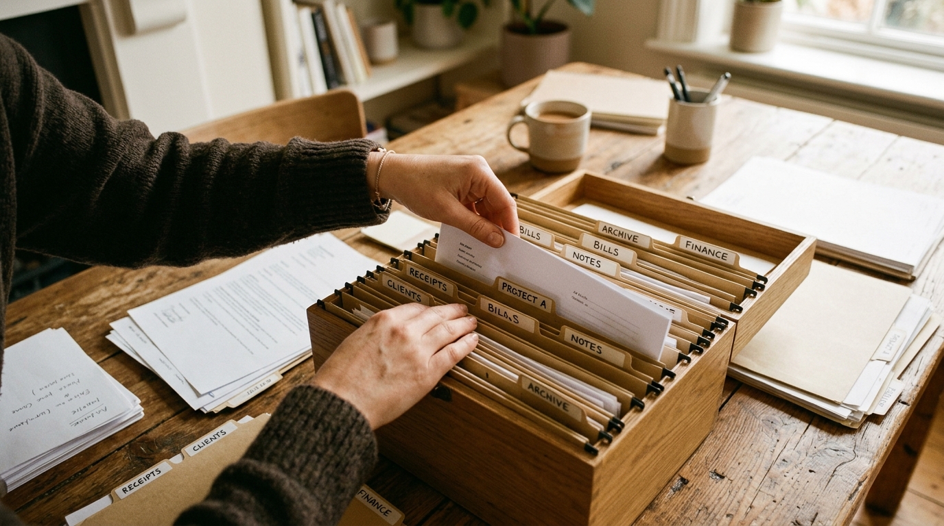Hands filing paper documents into labeled folders in a wooden filing box on a desk