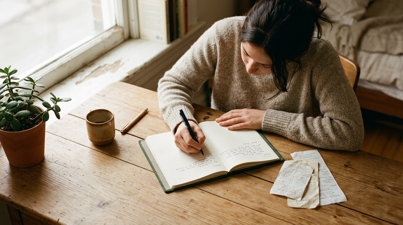A person writing notes in a lined notebook on a wooden desk with paper receipts nearby