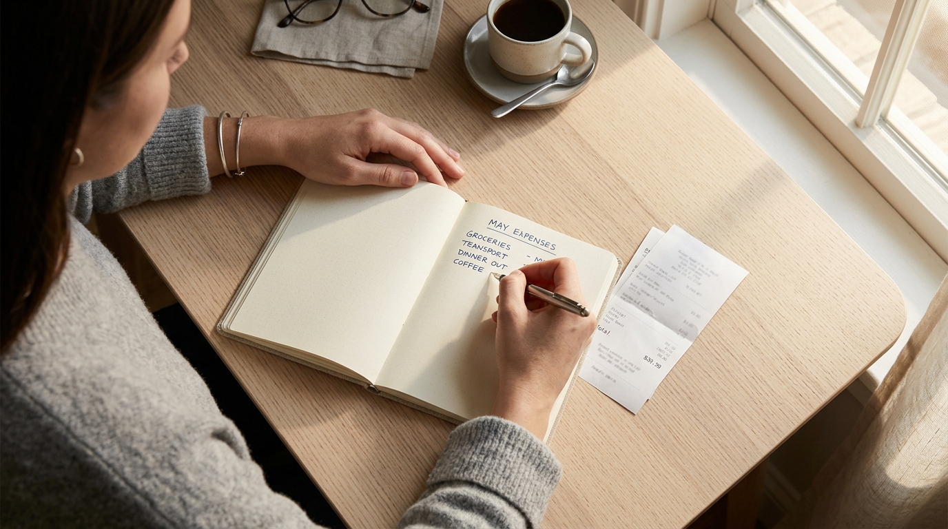 A person writing expense notes in a notebook at a desk beside loose paper receipts, with a coffee cup nearby in warm morning light
