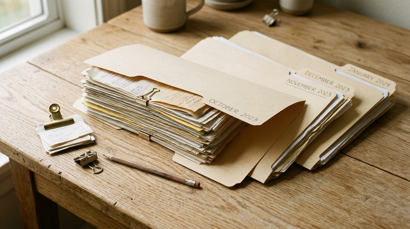 A stack of paper receipts sorted into manila folders on a wooden desk, organized by date, with soft natural light