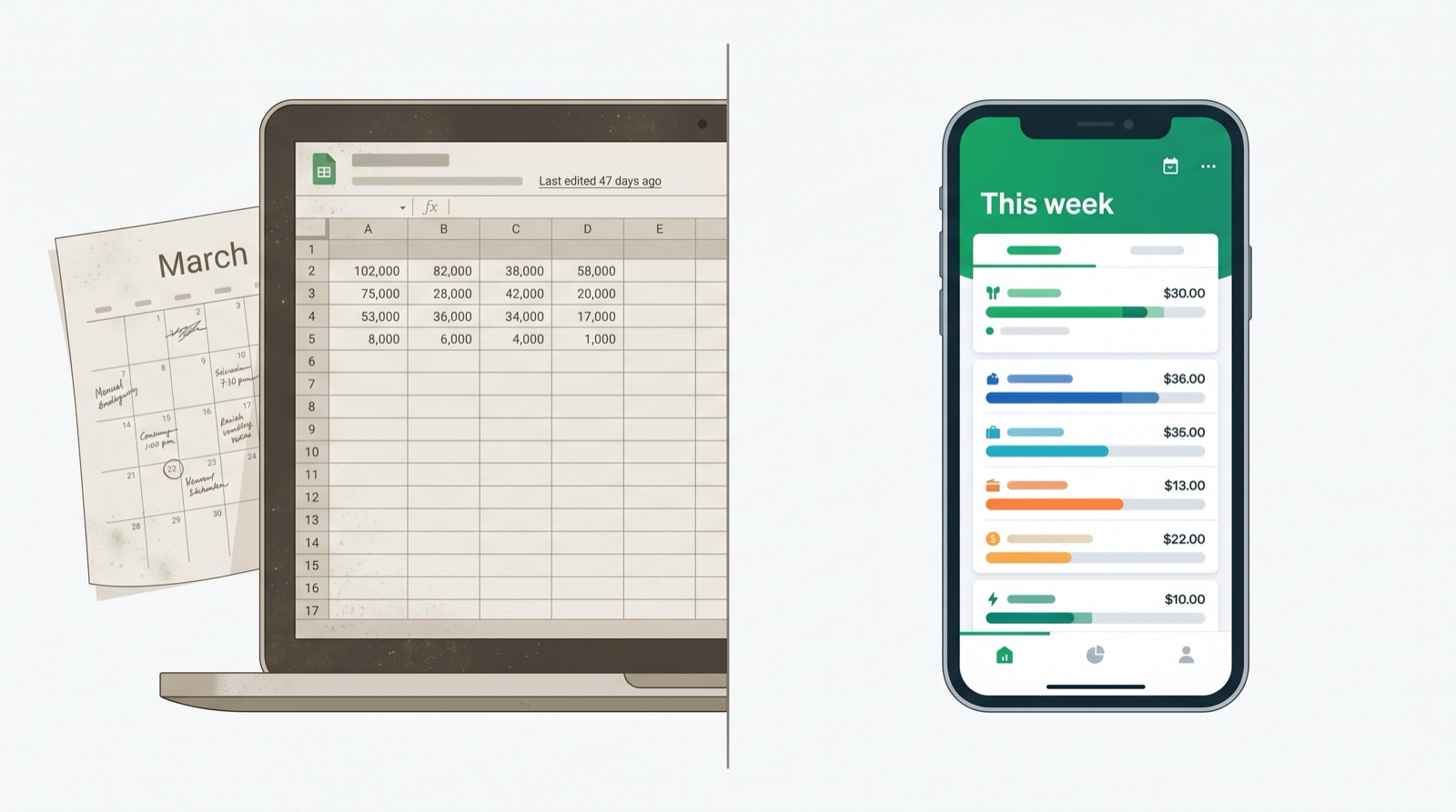 A dusty, abandoned budget spreadsheet on a laptop next to a current, active mobile budgeting app