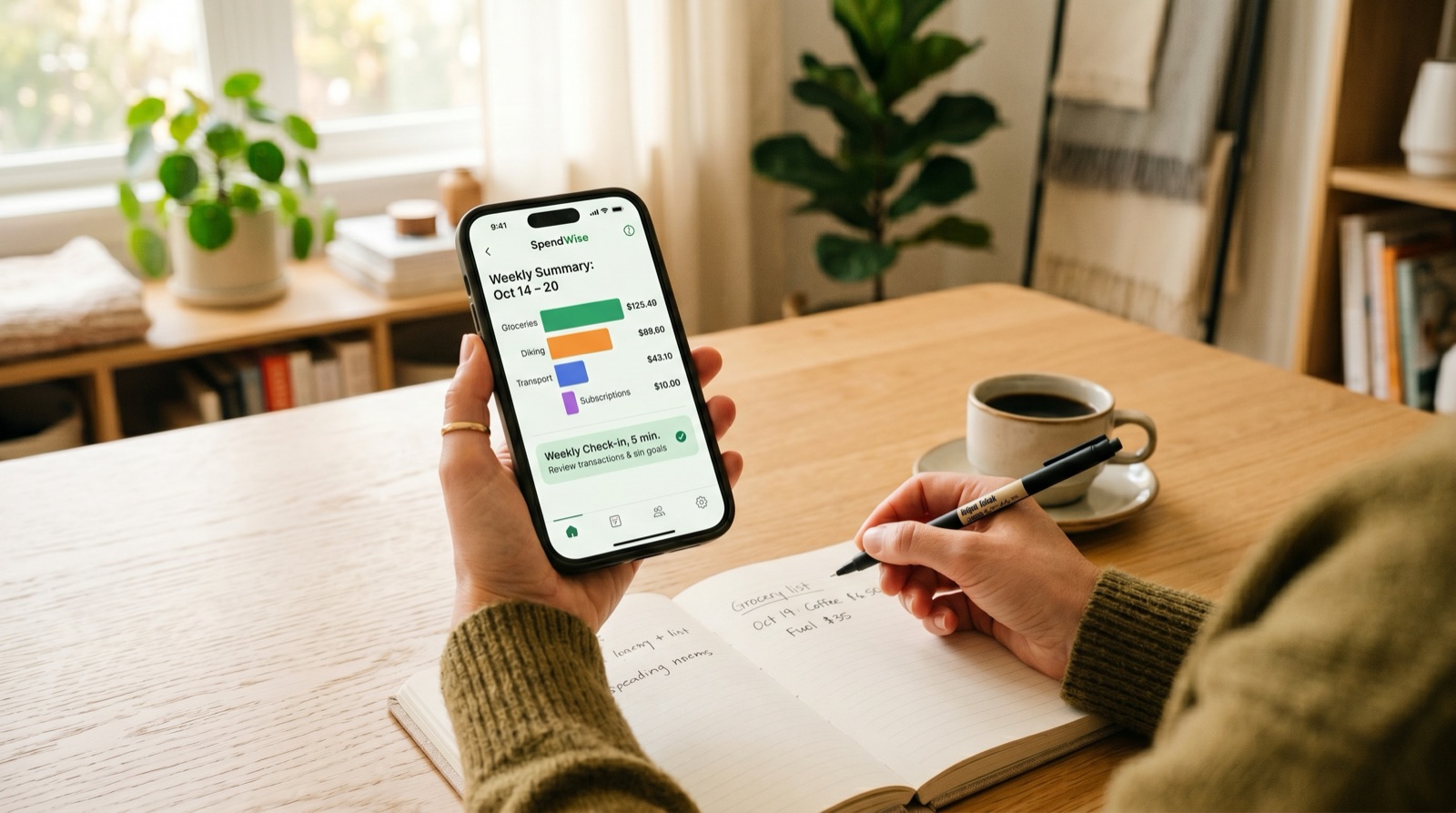 A person reviewing a weekly spending summary on a phone while holding a notebook and coffee