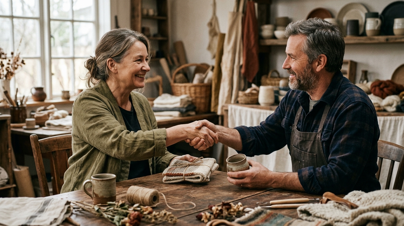 Two people shaking hands across a wooden table with handcrafted goods, illustrating a barter exchange
