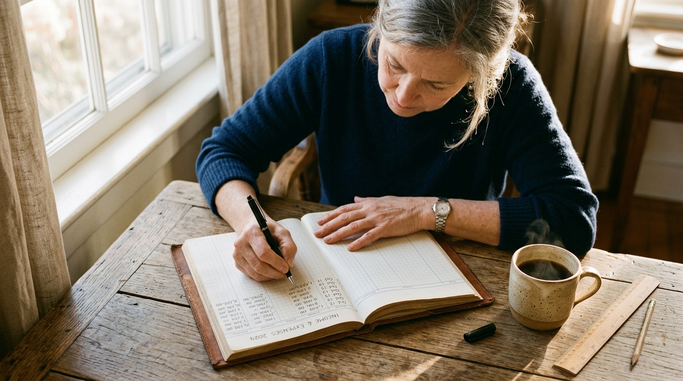 A person writing in a paper ledger book at a wooden desk with a coffee mug in warm morning light